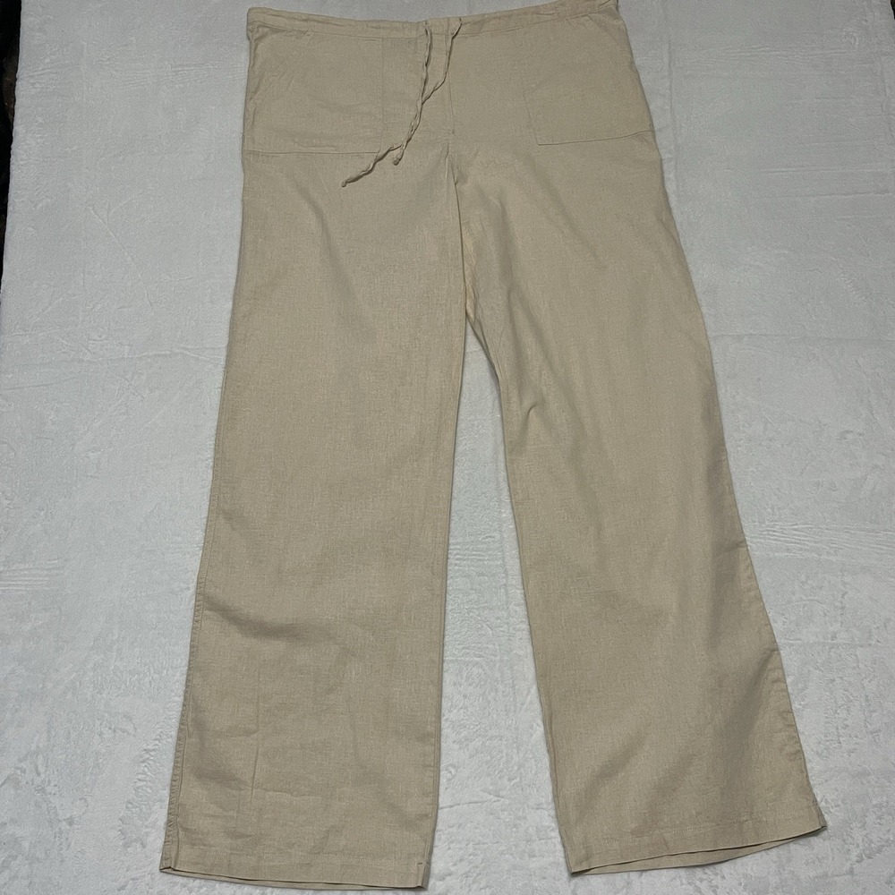 Venus Smocked Waist Linen Blend Pants Size L Pull on Pockets Resort Wear Beach